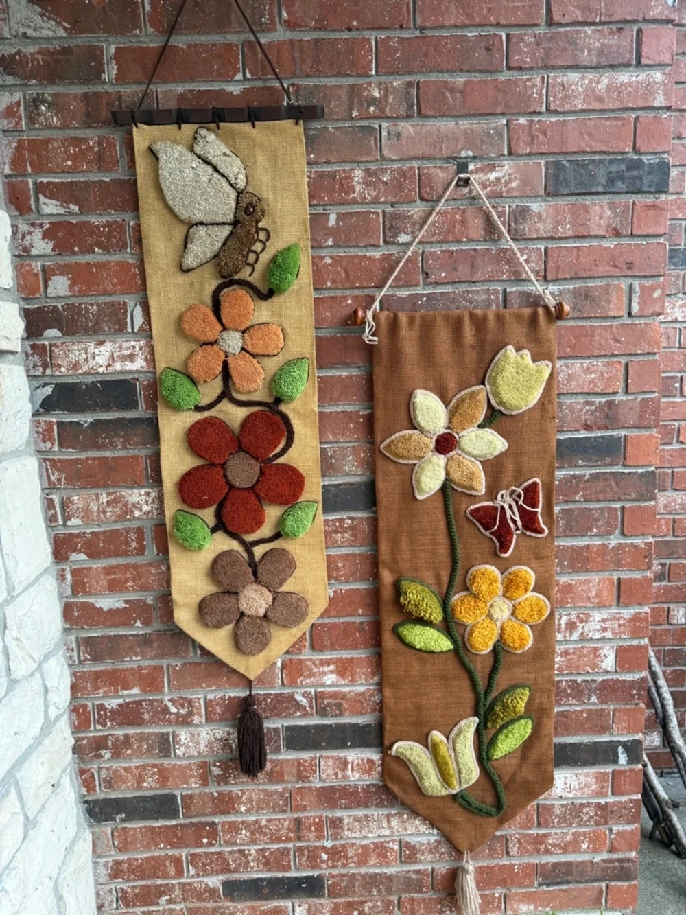 Handmade Floral Hooked Wall Tapestry Hangings - Earth Tones